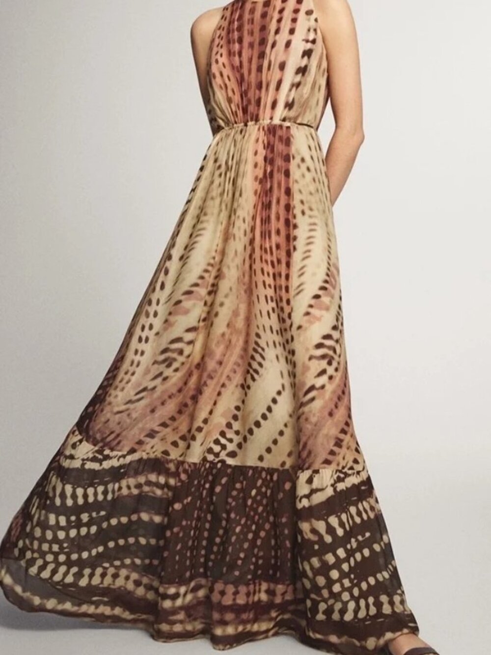 Massimo Dutti Tie-Dye Batik Print Maxi Dress Chiffon Sleeveless Tan Brown 2